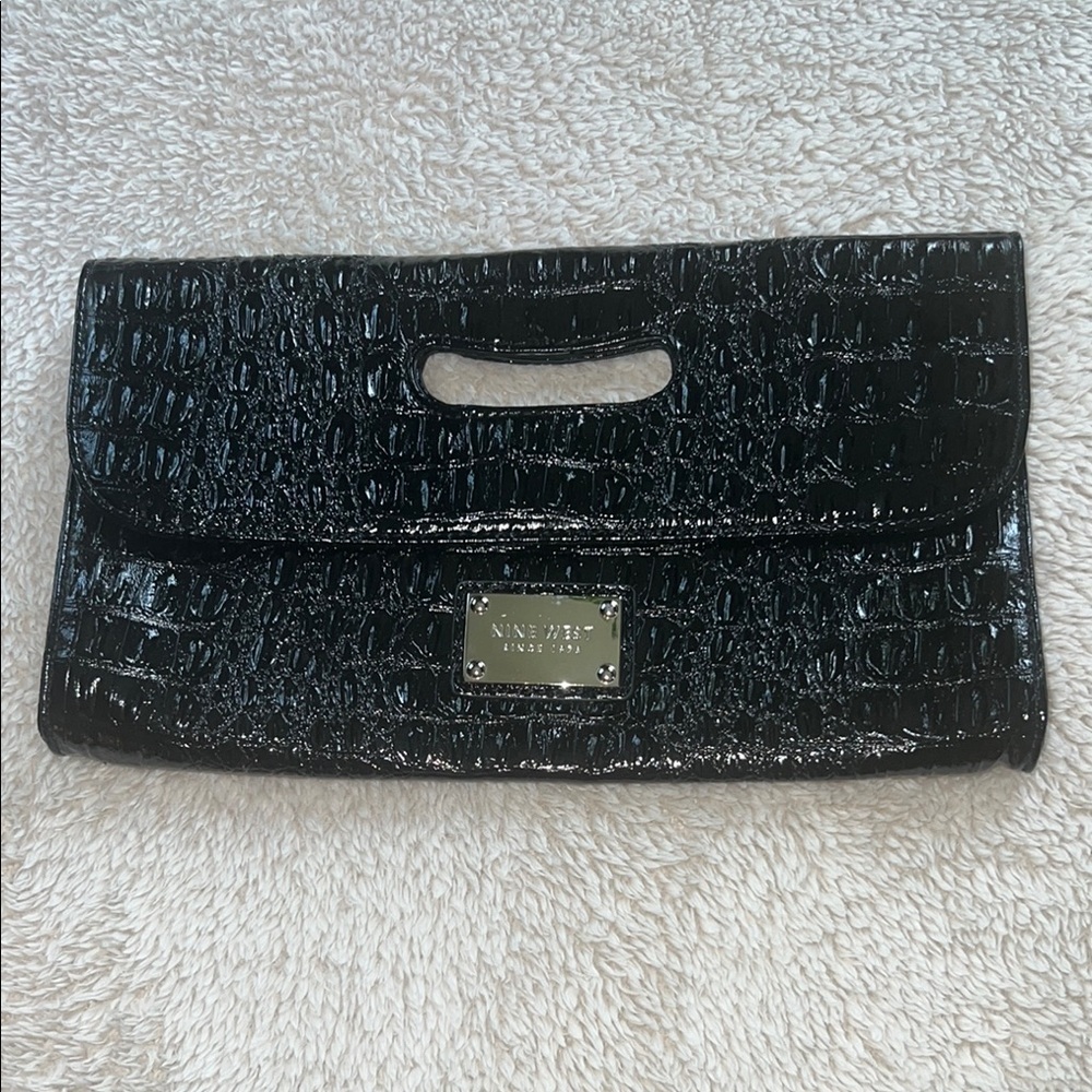 Nine West Black Croc-Embossed Clutch with Metallic Detail